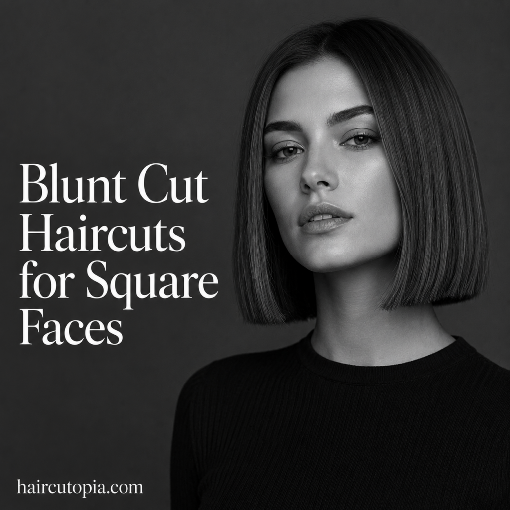 Woman with a sleek blunt bob haircut styled for a square face in a black-and-white editorial portrait.