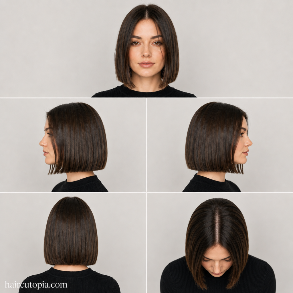 Five-panel collage showing a blunt cut haircut for a square face from the front, left side, right side, back, and top views.