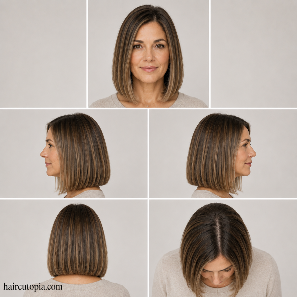 Five-view hairstyle collage showing a blunt cut for a busy mom from the front, left side, right side, back, and bird's-eye view.