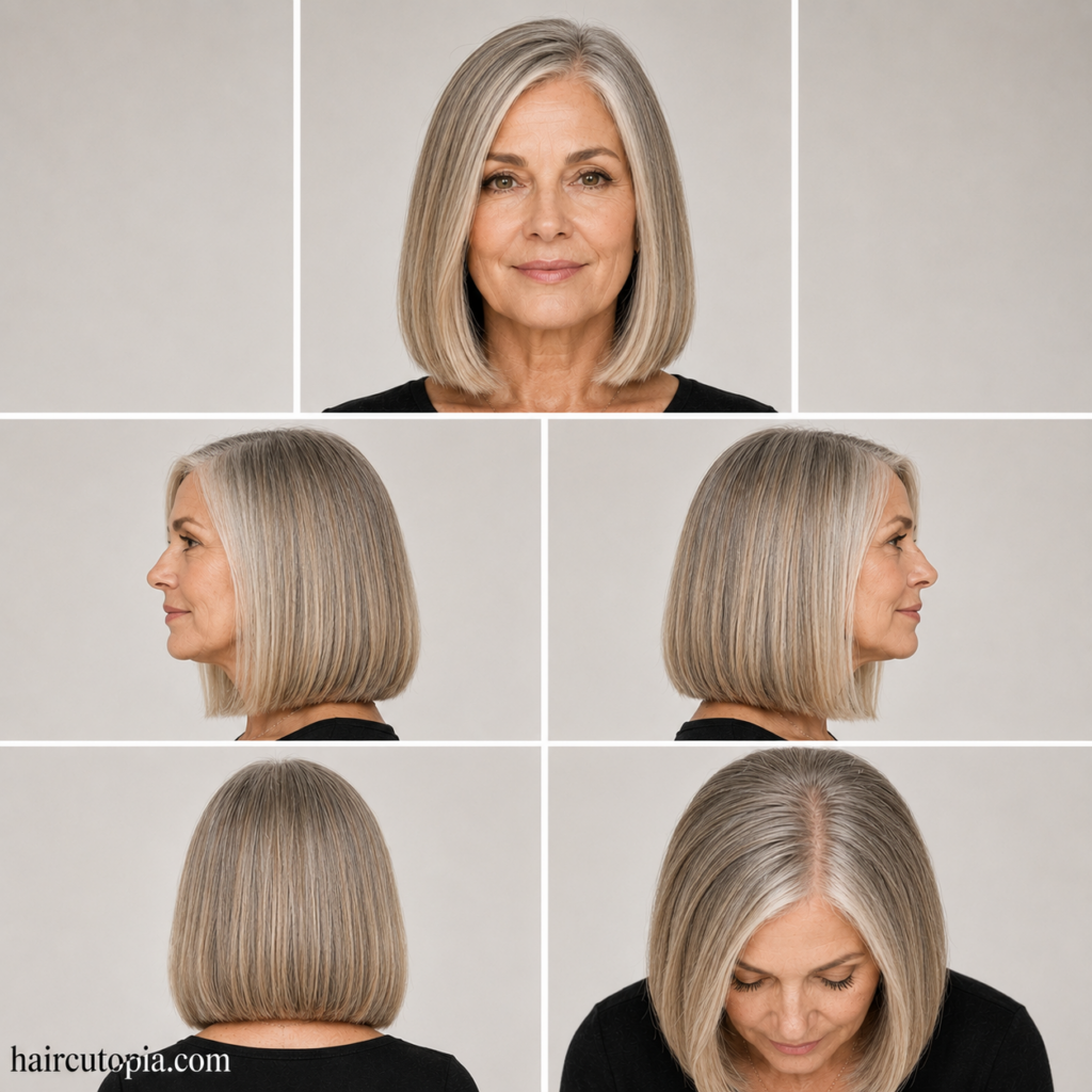 Five-view hairstyle collage of a blunt cut for an older woman showing the front, left side, right side, back, and bird's-eye views.