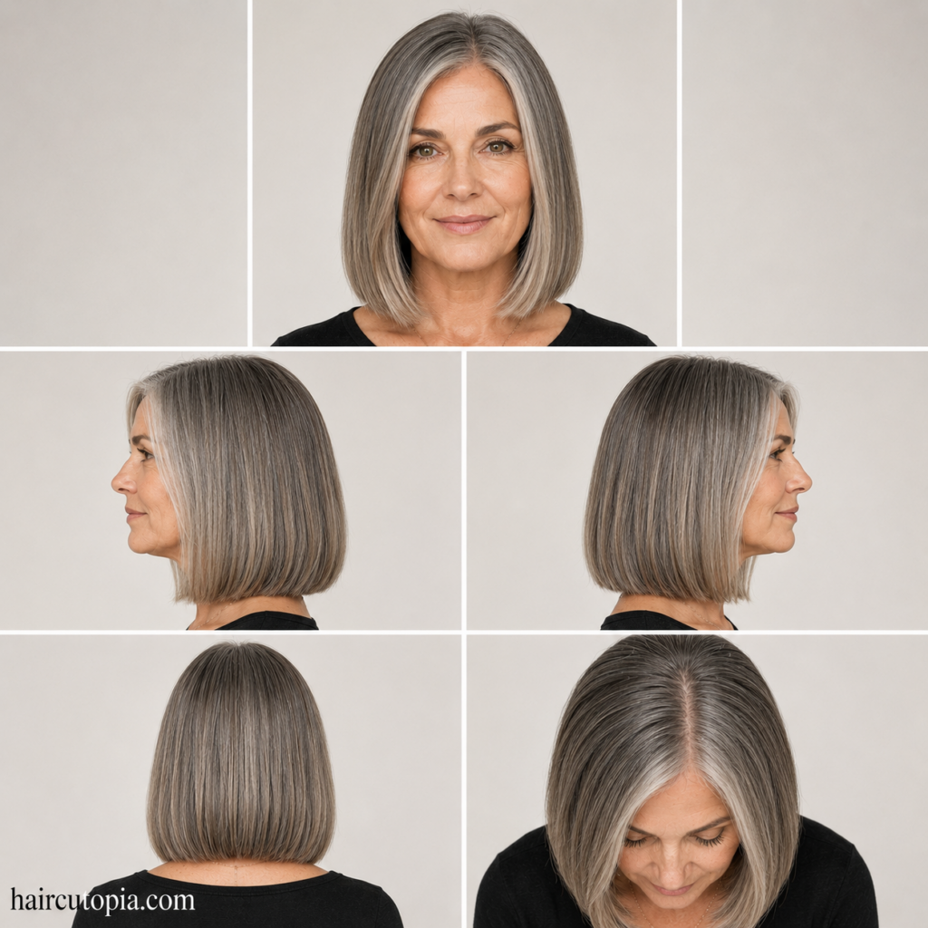 Five-view hairstyle collage of a blunt cut for a woman over 50 showing the front, left side, right side, back, and bird's-eye views.