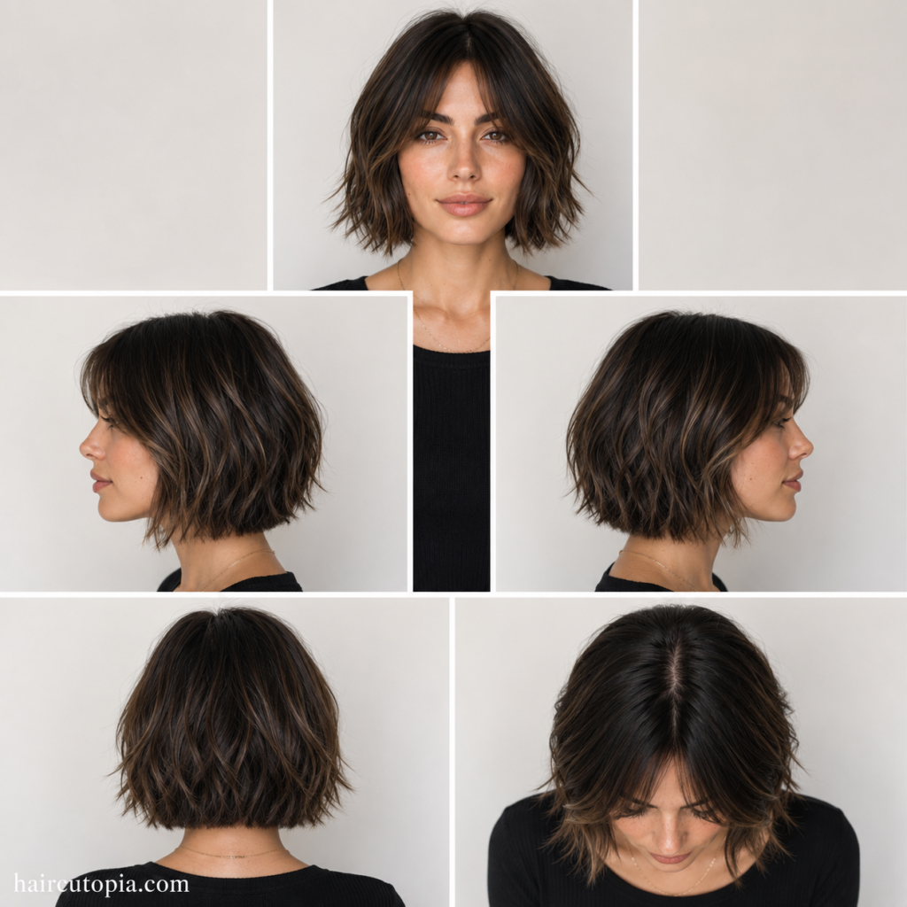 Textured bob haircut shown from front, left side, right side, back, and top views