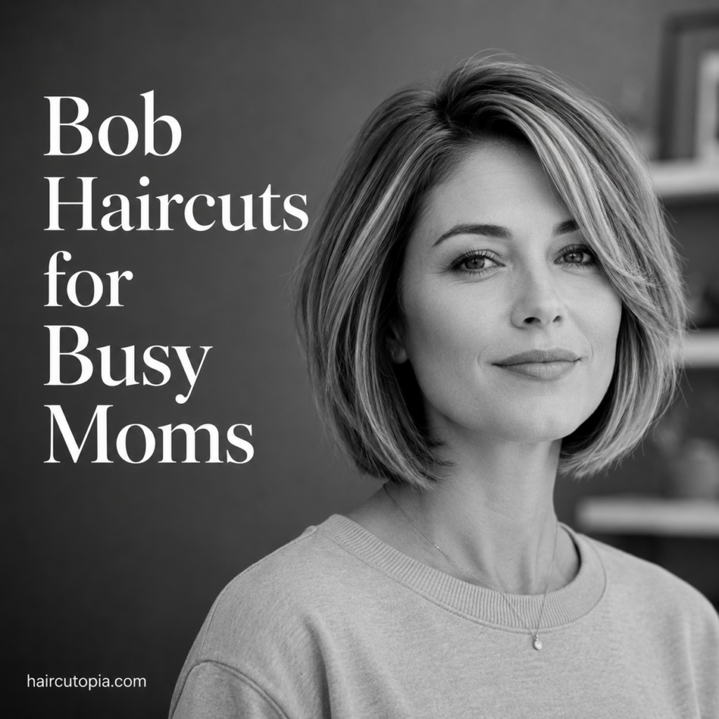 Busy mom with a modern textured bob haircut in a black-and-white editorial portrait featuring a stylish, low-maintenance hairstyle.