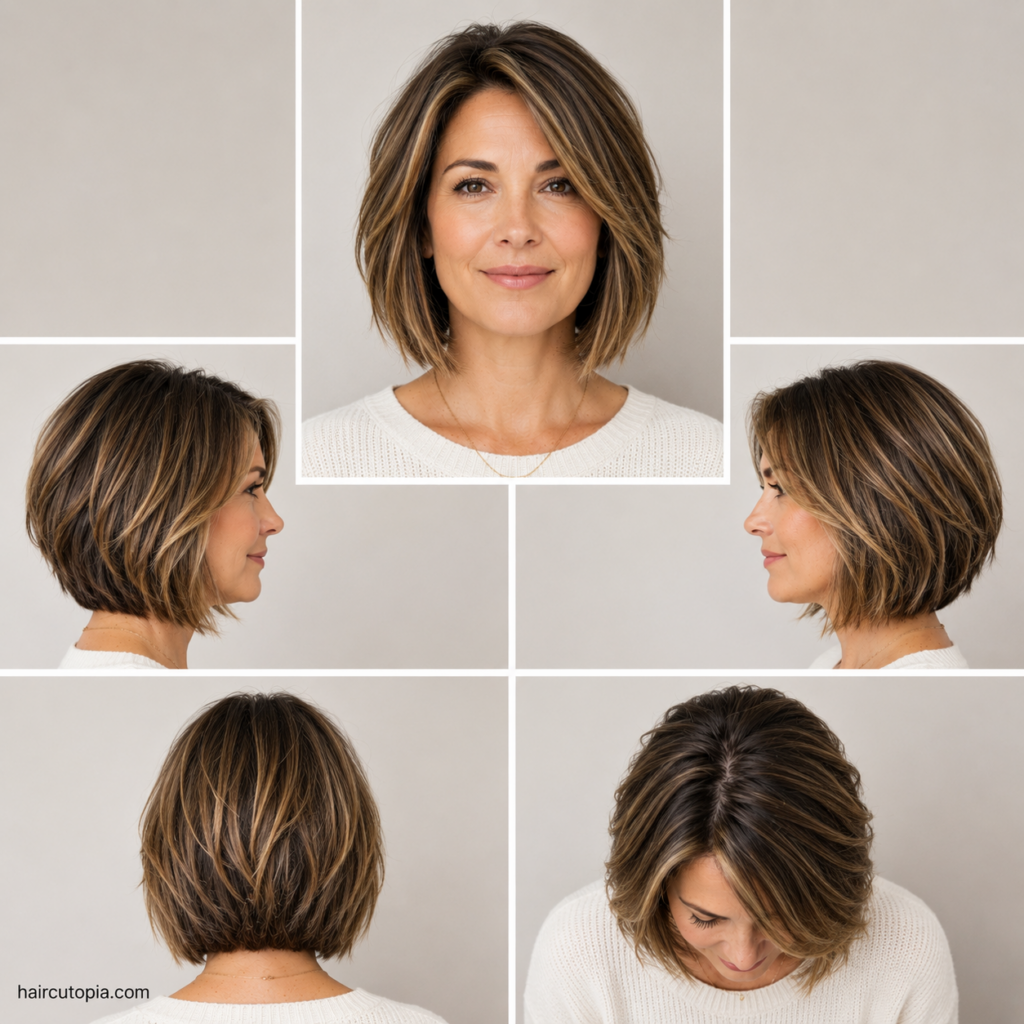 Five-view collage of a modern bob haircut for busy moms showing the front, left side, right side, back, and top views of a textured layered bob hairstyle.