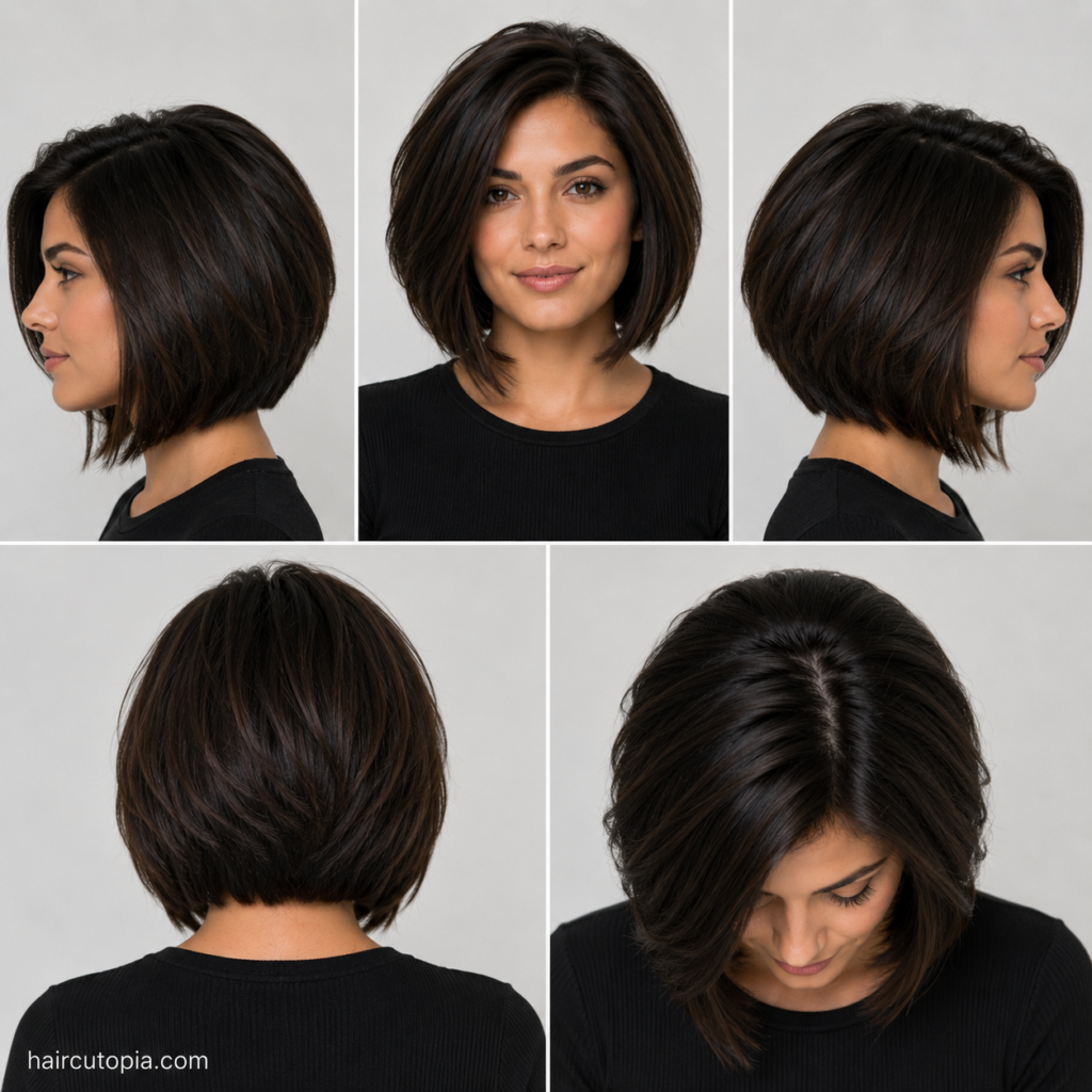 Five-view collage of a modern layered bob haircut for coarse hair showing the front, left side, right side, back, and top views.