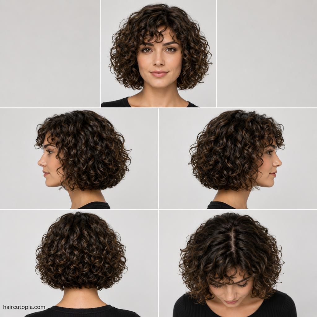 Five-view collage of a modern curly bob haircut showing the front, left side, right side, back, and top views.