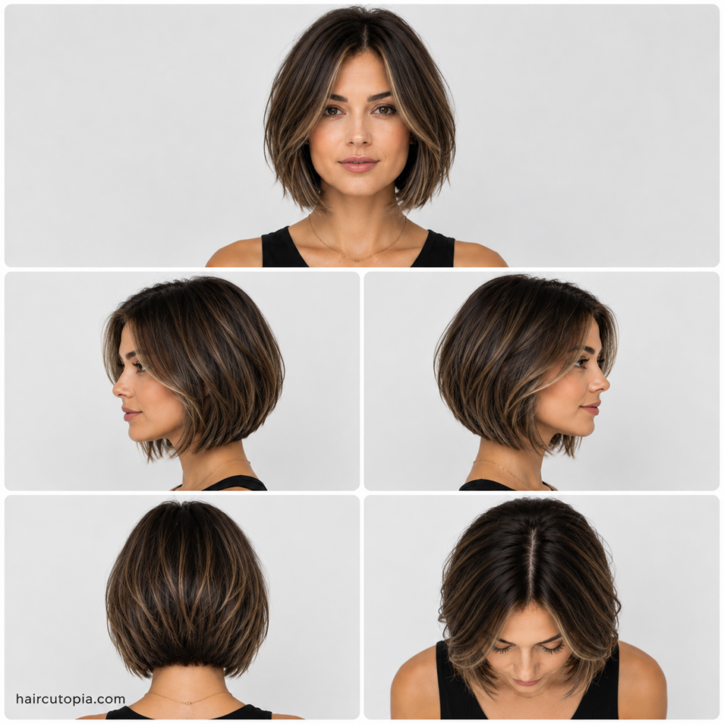 Five-view collage of a modern layered bob haircut for diamond-shaped faces showing the front, left side, right side, back, and bird's-eye views.