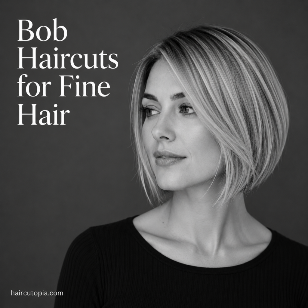 Woman with a modern blunt bob haircut for fine hair in a black-and-white editorial portrait.