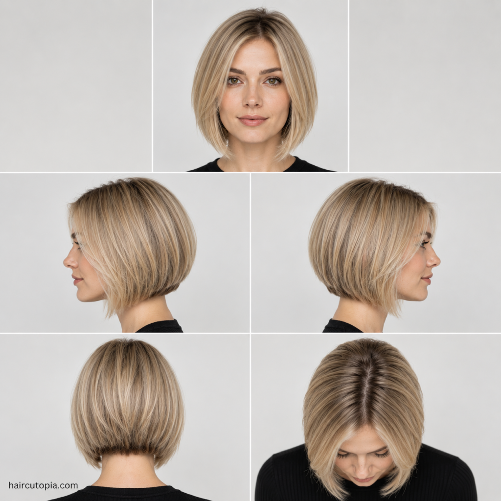 Five-view collage of a modern bob haircut for fine hair showing the front, left side, right side, back, and top views.