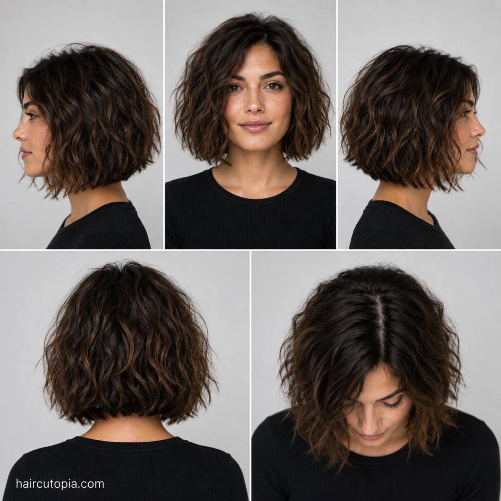 Five-view collage of a modern textured bob haircut for frizzy hair showing the front, left side, right side, back, and top views.