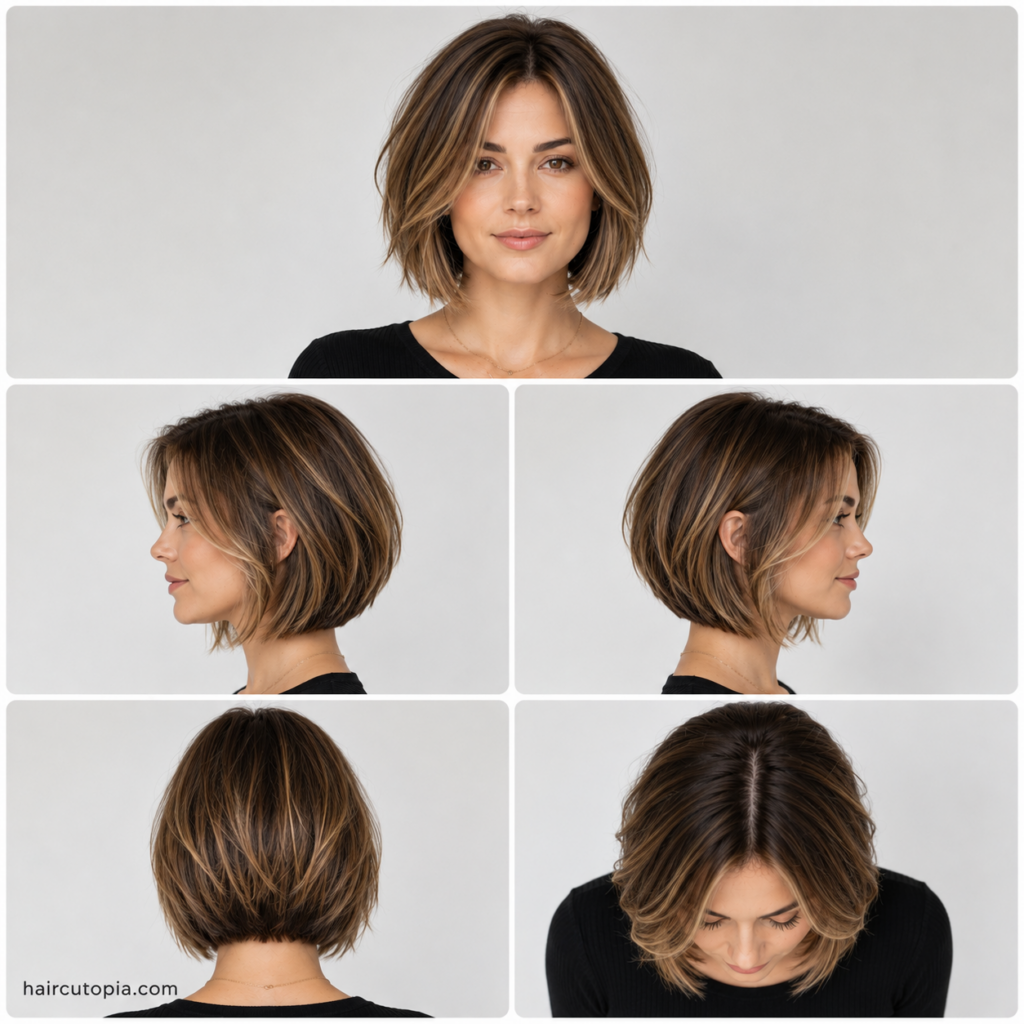 Five-view collage of a modern layered bob haircut for heart-shaped faces showing the front, left side, right side, back, and bird's-eye views.