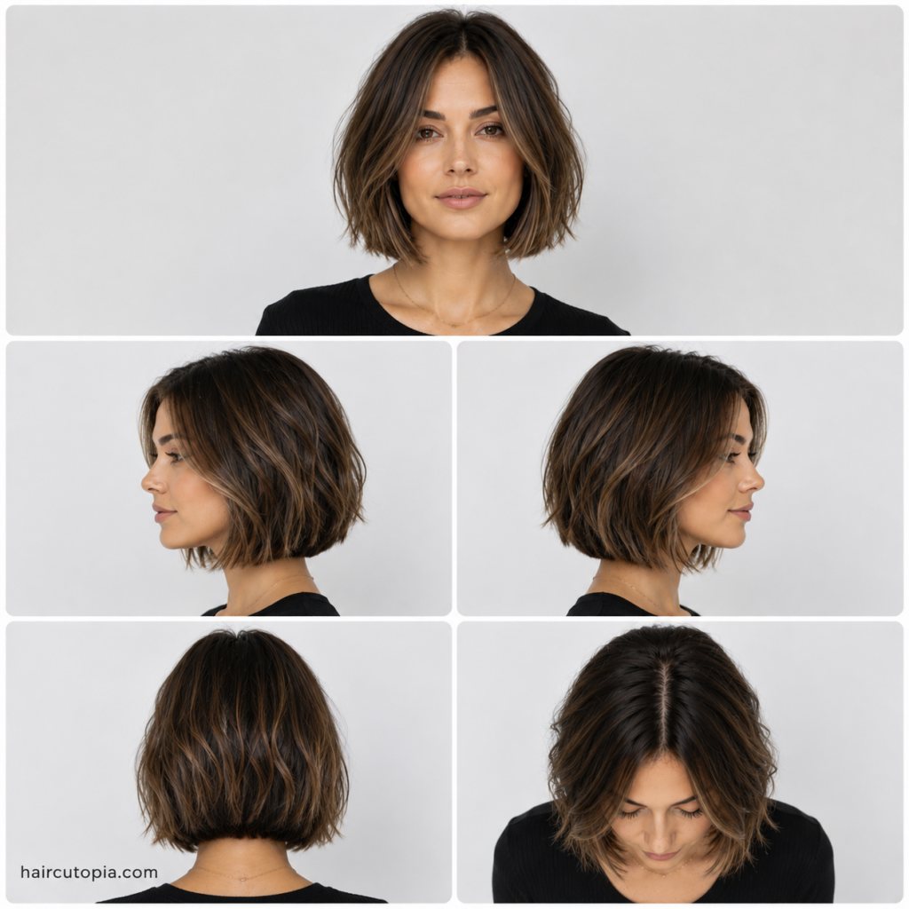 Five-view collage of a modern textured bob haircut for long faces showing the front, left side, right side, back, and bird's-eye views.