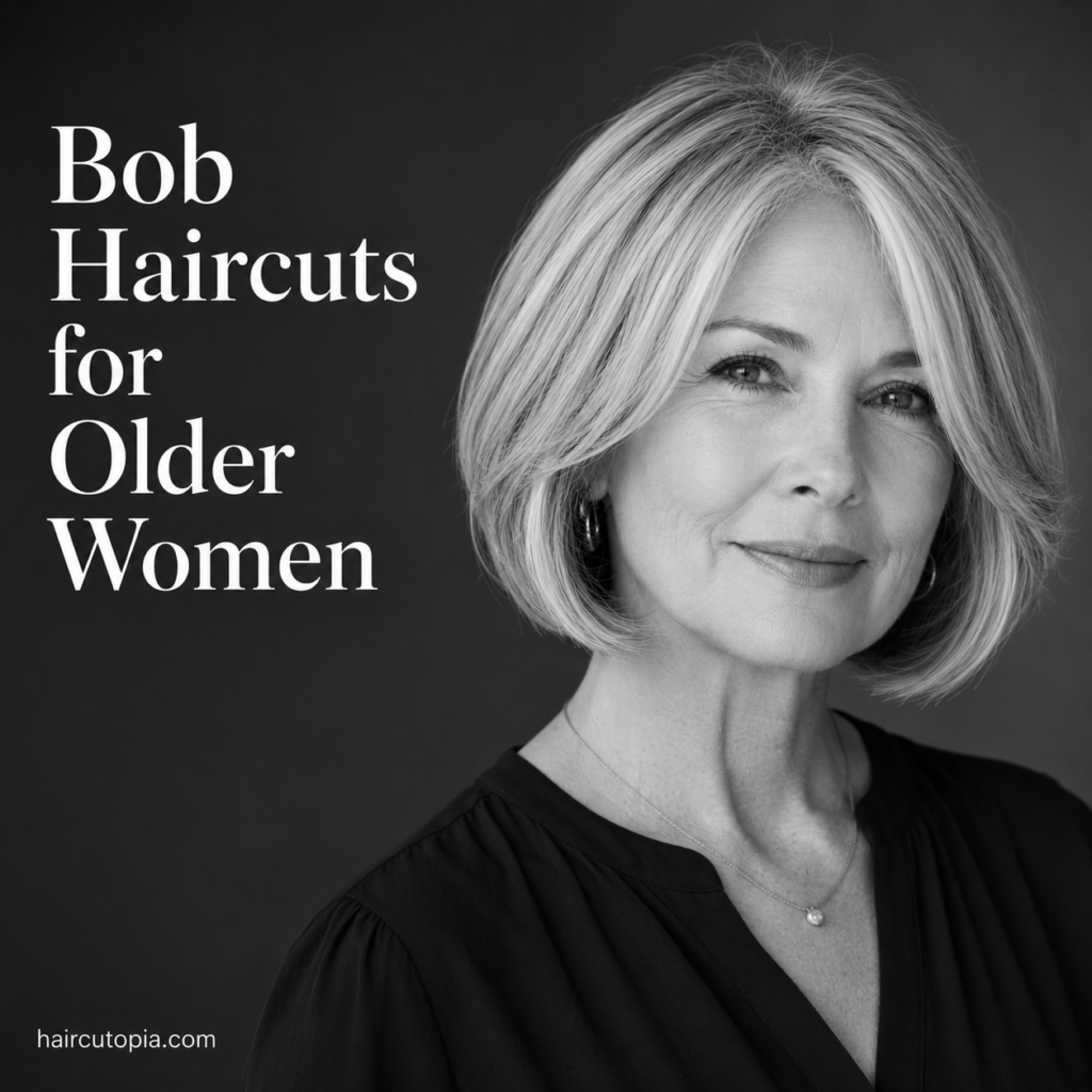 Older woman with a stylish bob haircut in a black-and-white editorial portrait featuring a timeless, elegant hairstyle with soft volume.