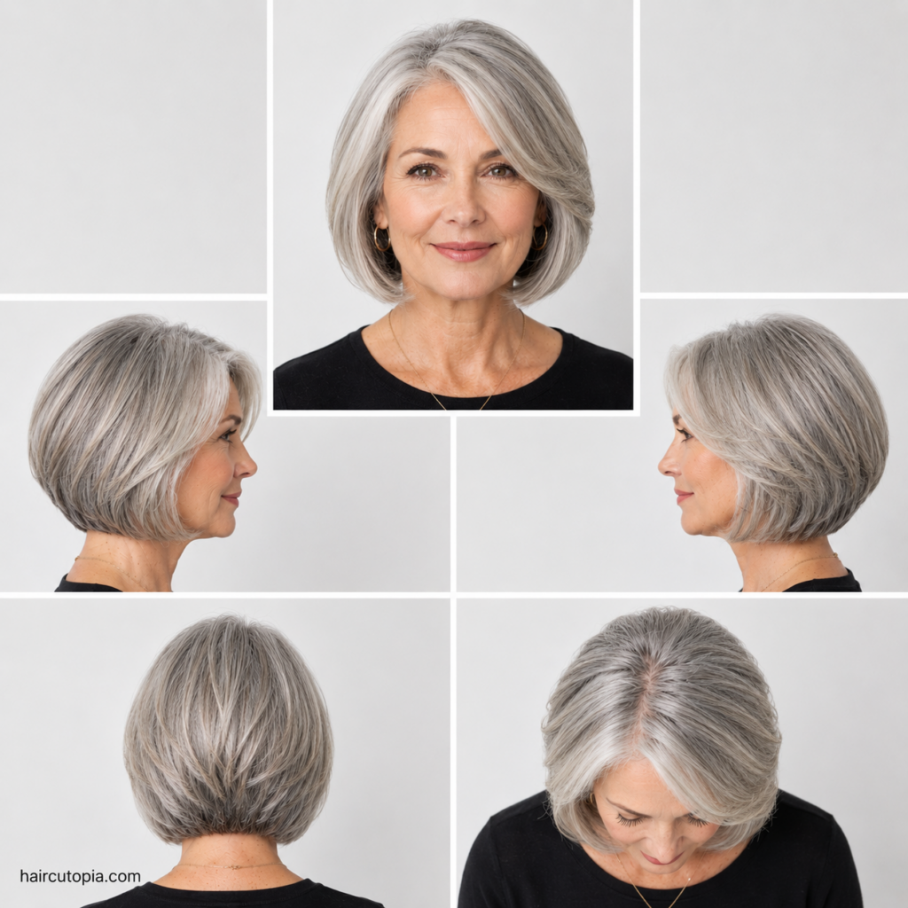 Five-view collage of a modern bob haircut for older women showing the front, left side, right side, back, and top views of an elegant layered bob hairstyle with soft volume.