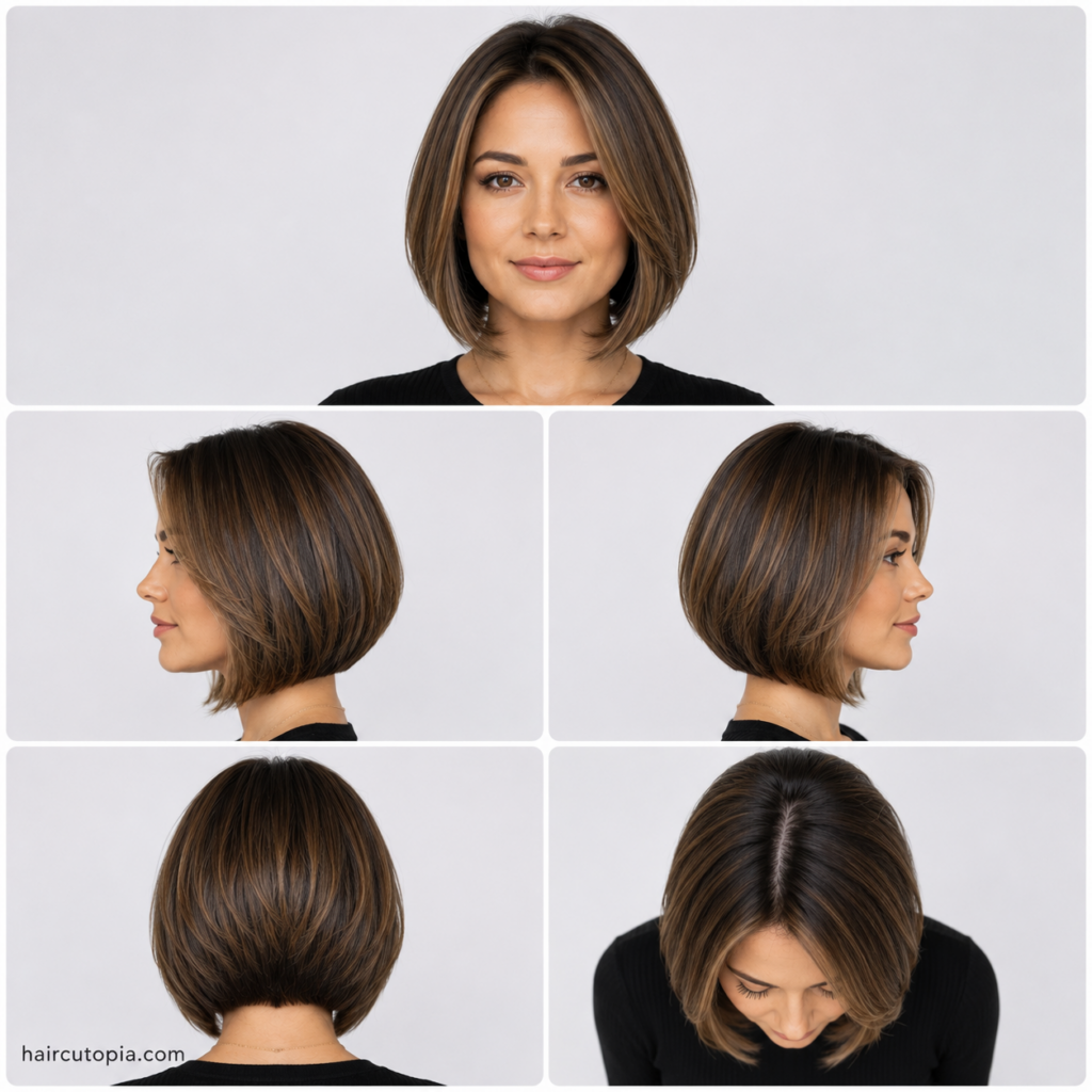 Five-view collage of a sleek modern bob haircut for oval faces showing the front, left side, right side, back, and bird's-eye views.