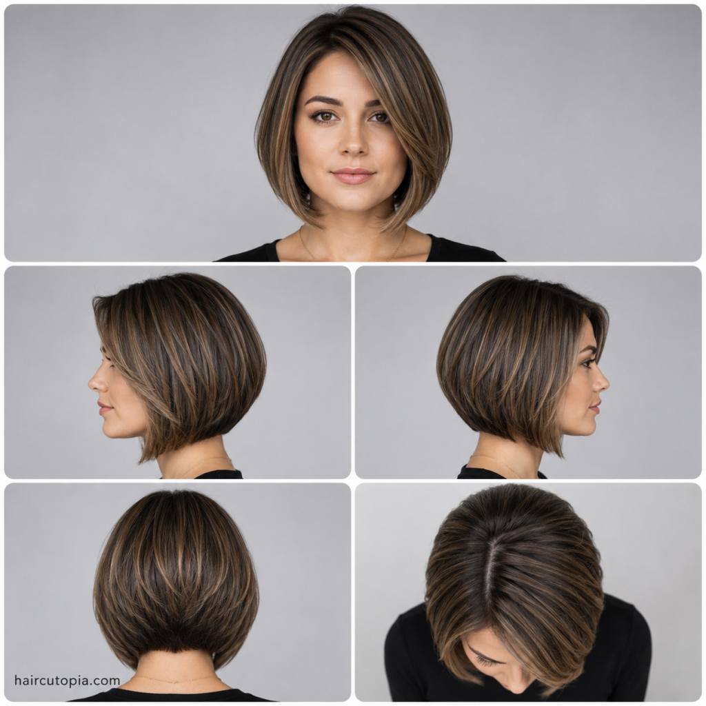 Five-view collage showing a modern layered bob haircut for round faces from the front, left side, right side, back, and top views.
