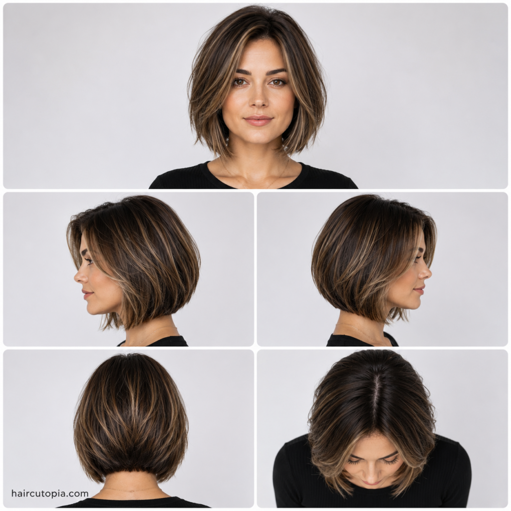 Five-view collage of a modern layered bob haircut for square faces showing the front, left side, right side, back, and top views.