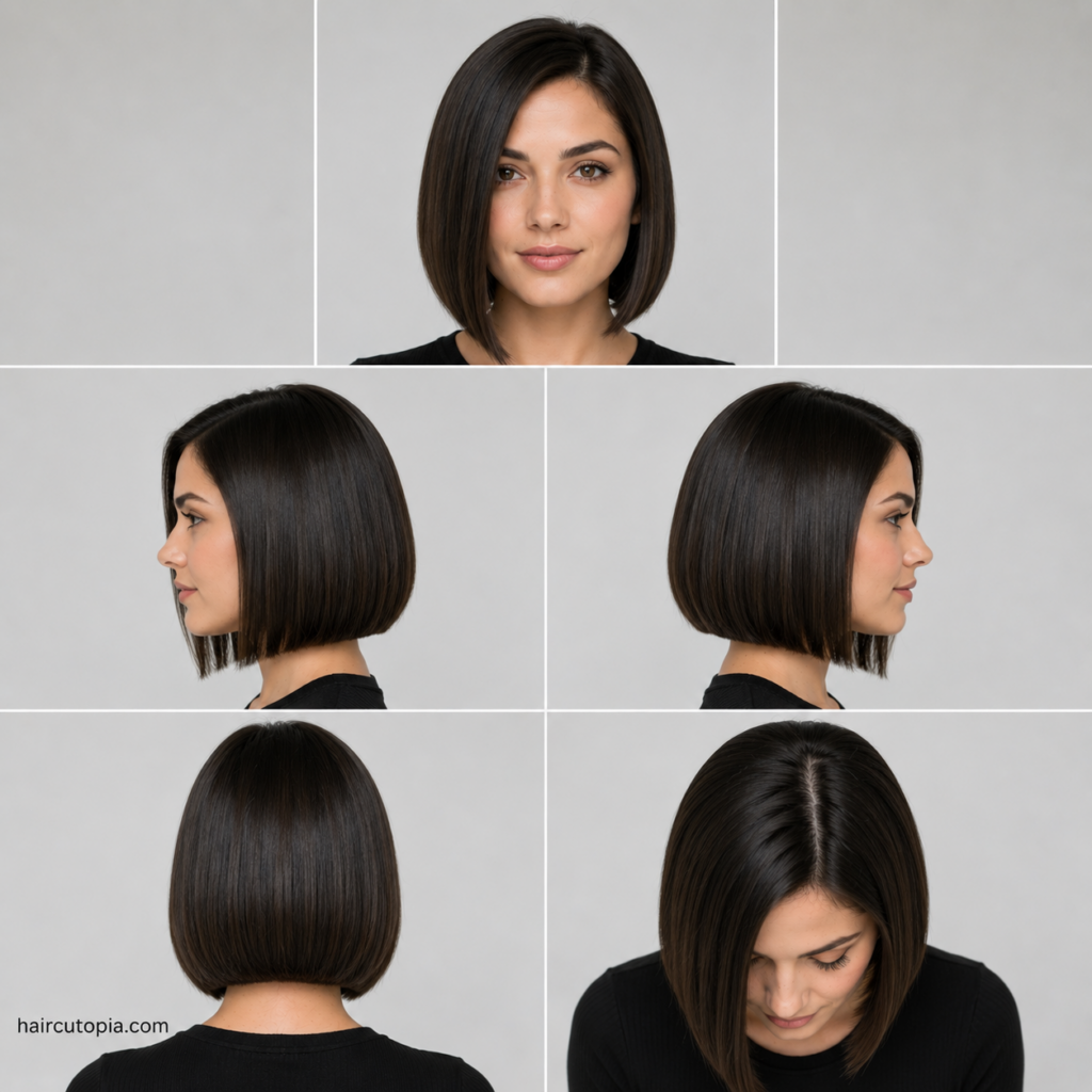 Five-view collage of a modern straight bob haircut showing the front, left side, right side, back, and top views.