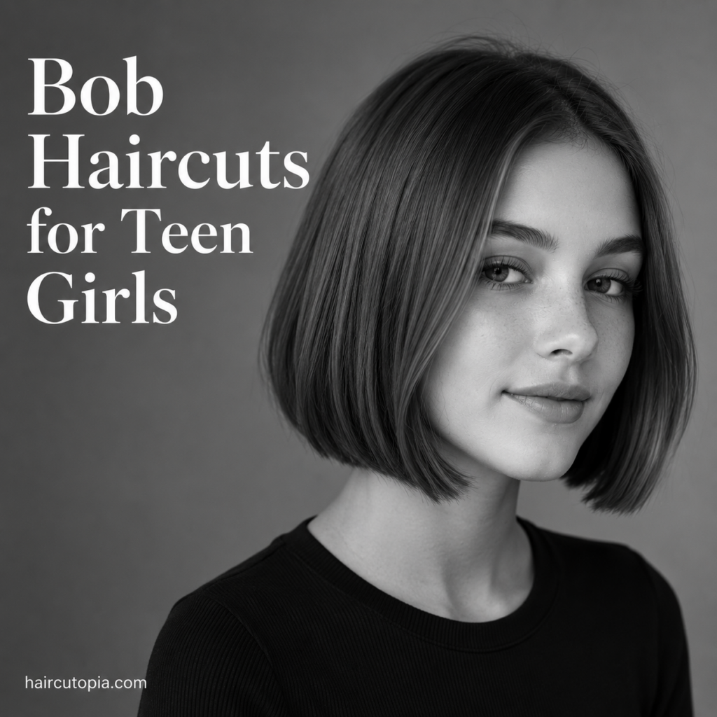 Teen girl with a modern bob haircut in a black-and-white editorial portrait featuring a stylish, school-friendly bob hairstyle.