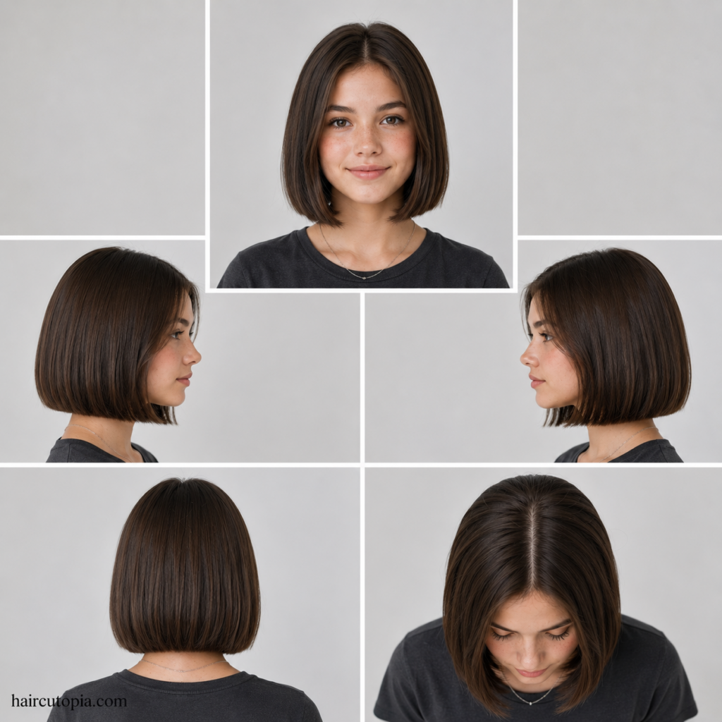Five-view collage of a bob haircut for teen girls showing the front, left side, right side, back, and top views of a sleek chin-length bob hairstyle.
