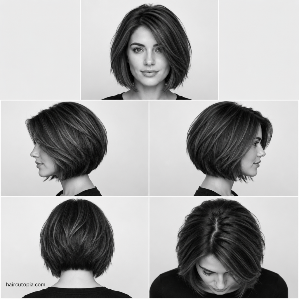 Five-view collage of a modern layered bob haircut for thick hair showing the front, left side, right side, back, and top views.