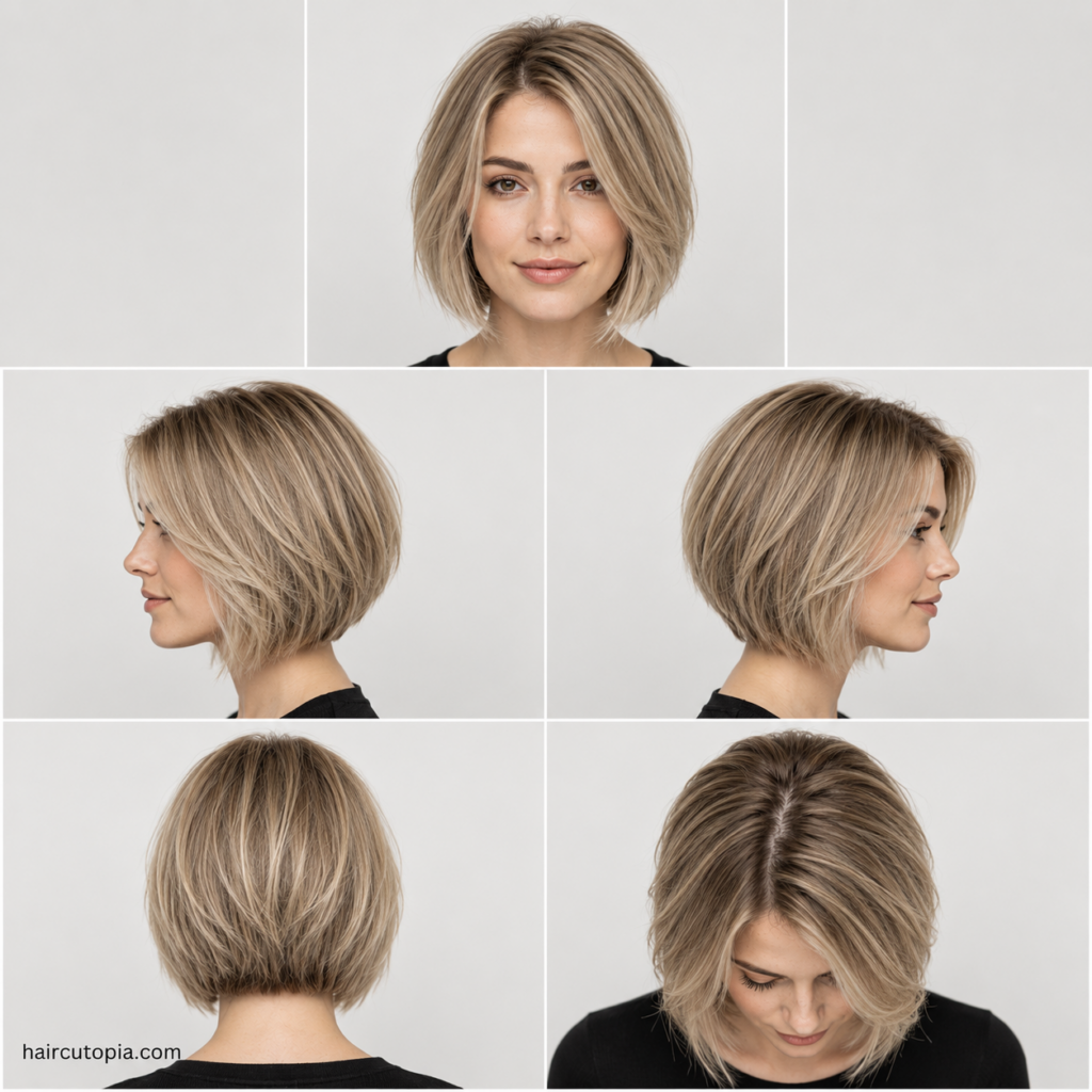 Five-view collage of a modern bob haircut for thin hair showing the front, left side, right side, back, and top views.