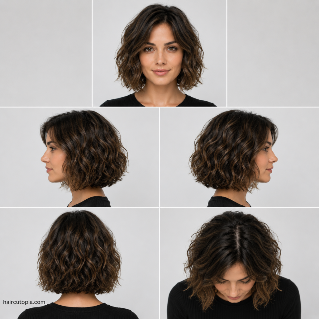 Five-view collage of a modern wavy bob haircut showing the front, left side, right side, back, and top views.
