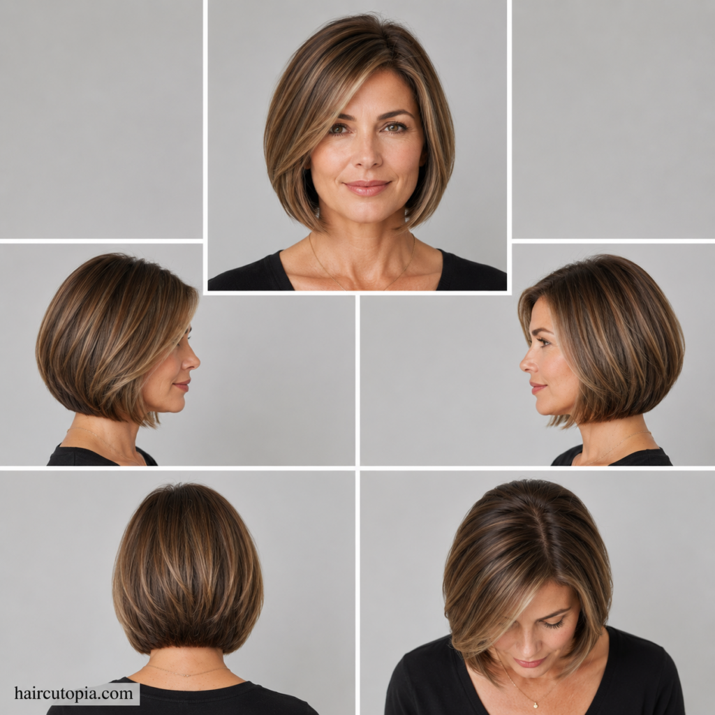 Five-view collage of a modern bob haircut for women over 40 showing the front, left side, right side, back, and top views of an elegant layered bob hairstyle.