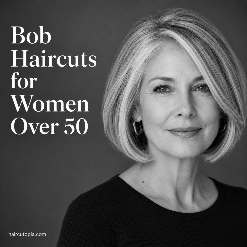 Woman over 50 with a modern bob haircut in a black-and-white editorial portrait featuring an elegant, voluminous bob hairstyle.