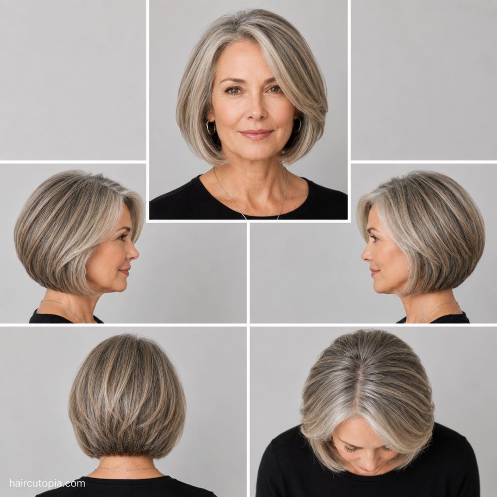 Five-view collage of a modern bob haircut for women over 50 showing the front, left side, right side, back, and top views of a layered bob hairstyle with soft volume.