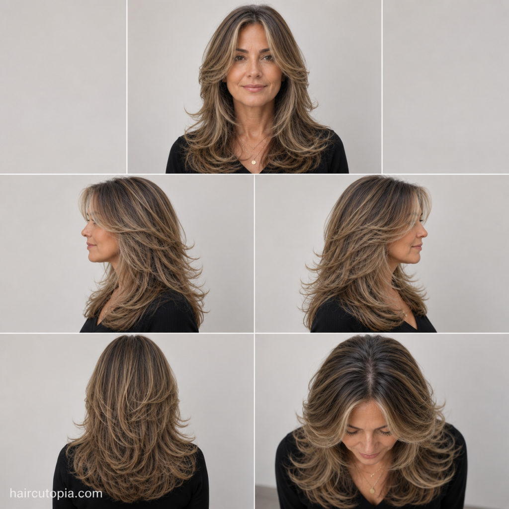 Five-view collage of a butterfly haircut for busy moms showing front, left side, right side, back, and top views.