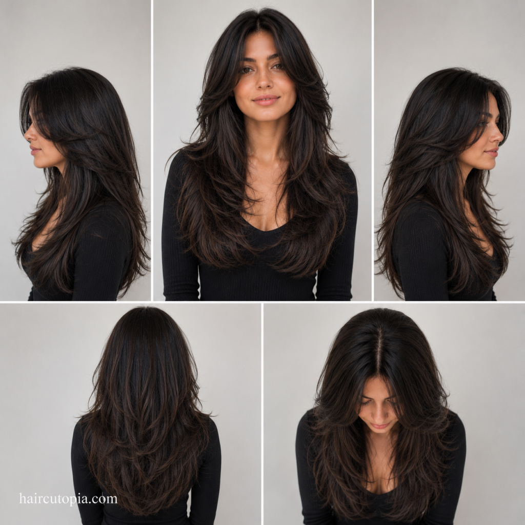 Five-view collage of a butterfly cut for coarse hair showing the front, left side, right side, back, and bird's-eye views with soft layered movement.
