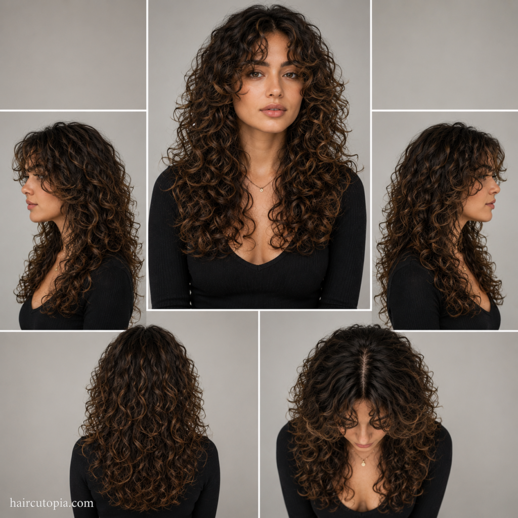 Five-view collage of a butterfly cut for curly hair showing the front, left side, right side, back, and bird's-eye views with defined layered curls.