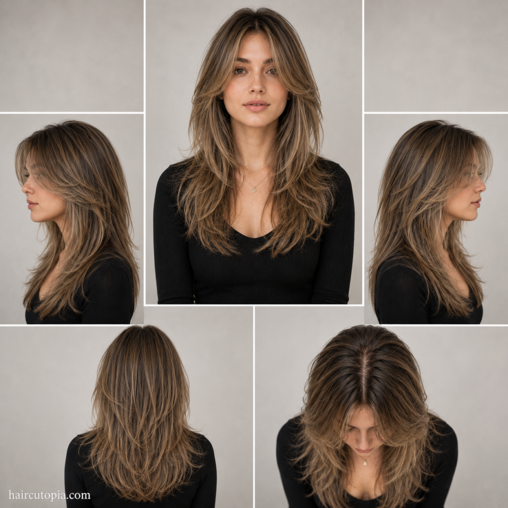Five-view collage of a butterfly cut for fine hair showing the front, left side, right side, back, and bird's-eye views with lightweight layered volume.