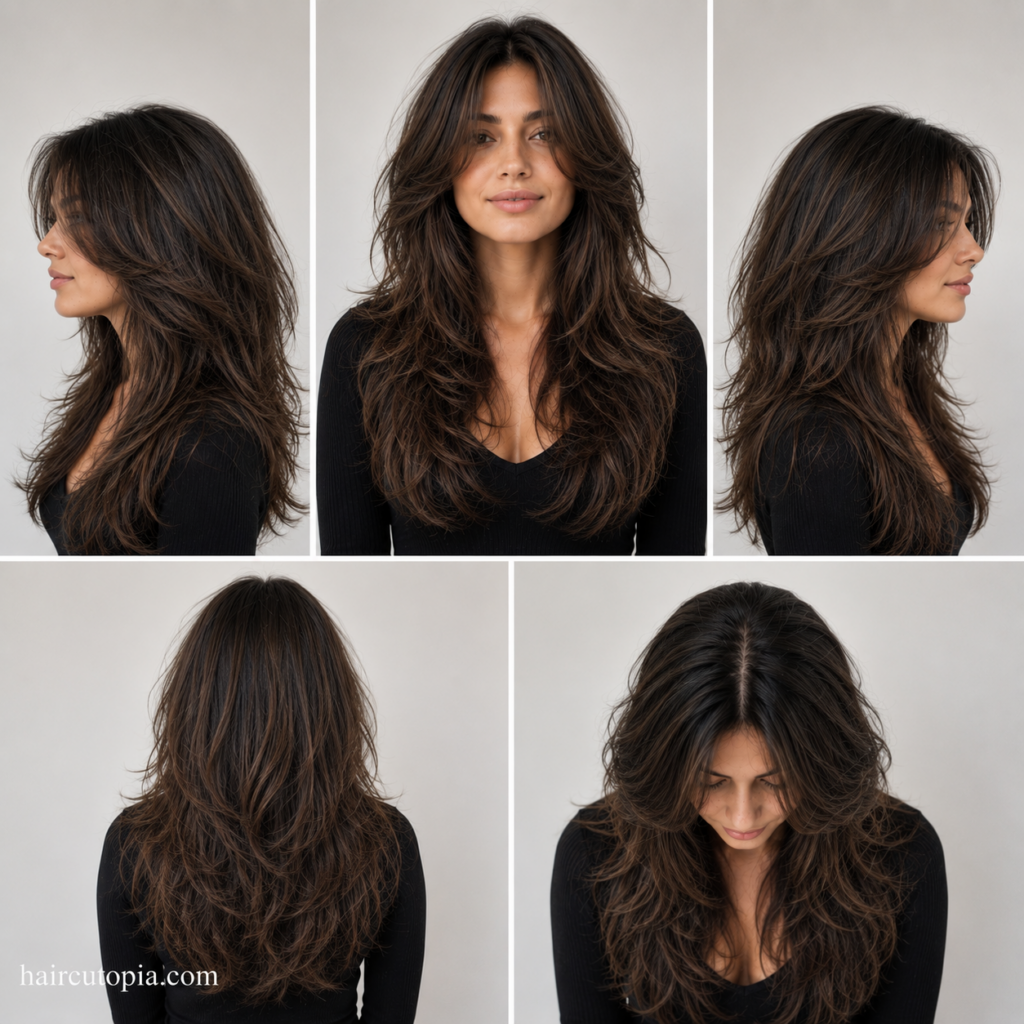 Five-view collage of a butterfly cut for frizzy hair showing the front, left side, right side, back, and bird's-eye views with soft layered movement and reduced bulk.