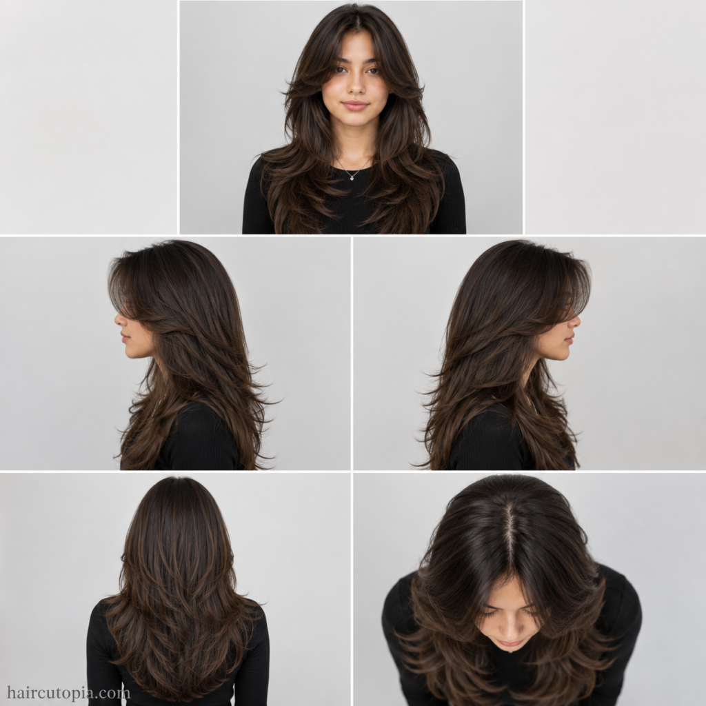 Five-view collage of a butterfly haircut showing front, left side, right side, back, and top views.