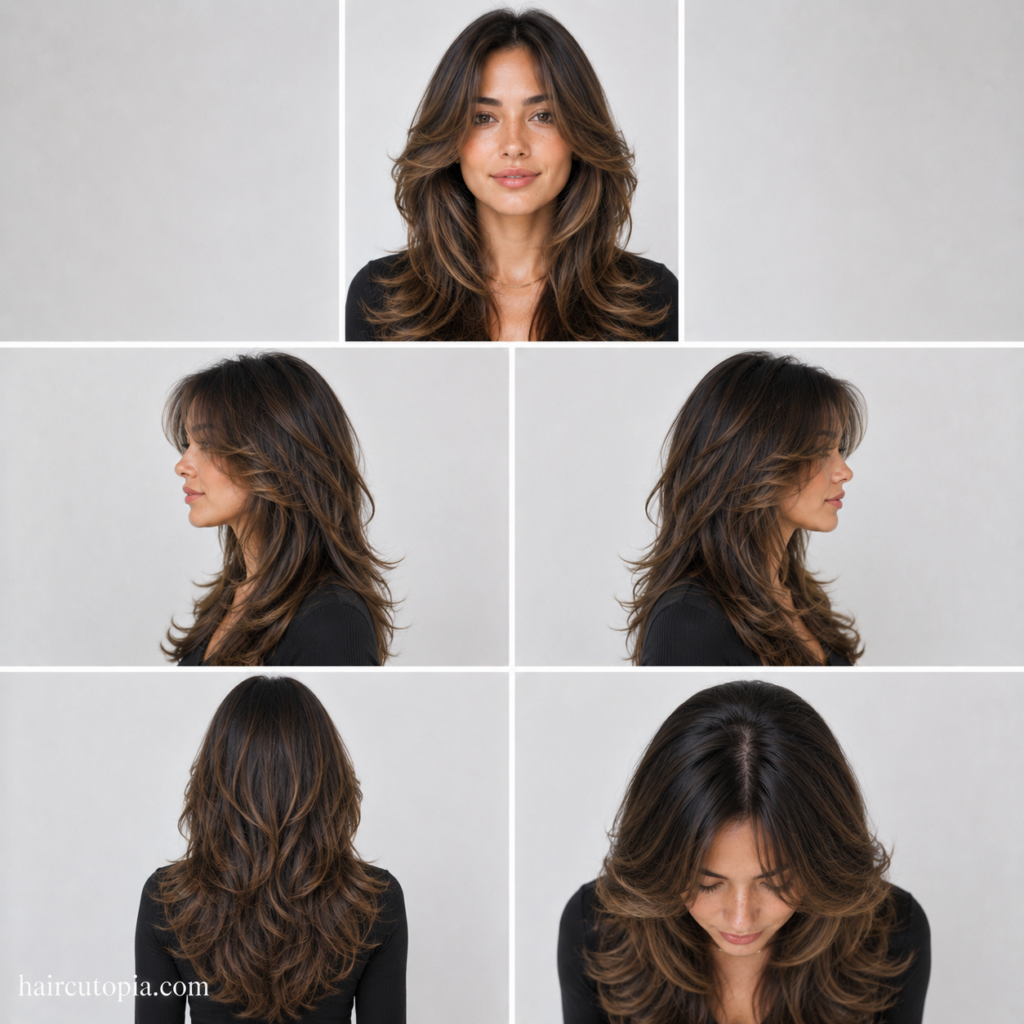 Butterfly cut haircut shown from front, left side, right side, back, and top views