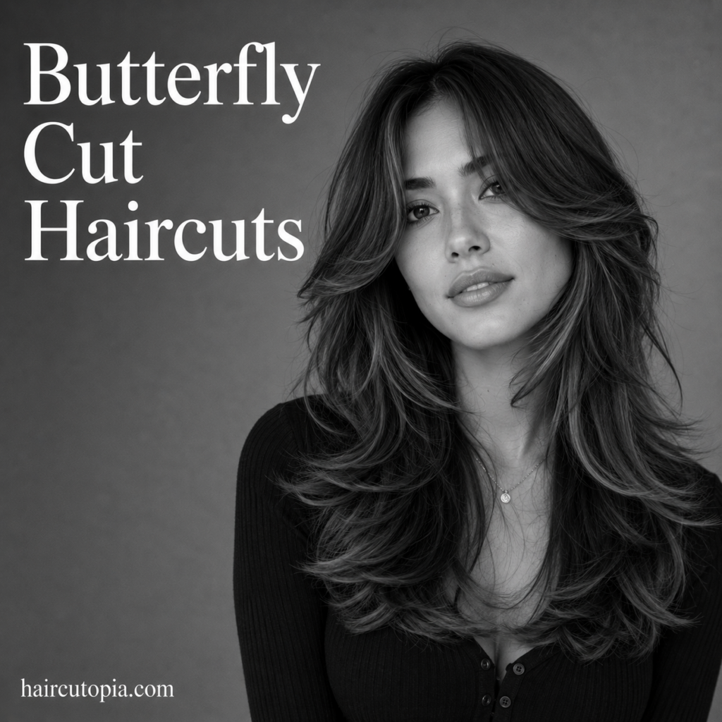Butterfly cut haircut with voluminous face-framing layers and long cascading hair