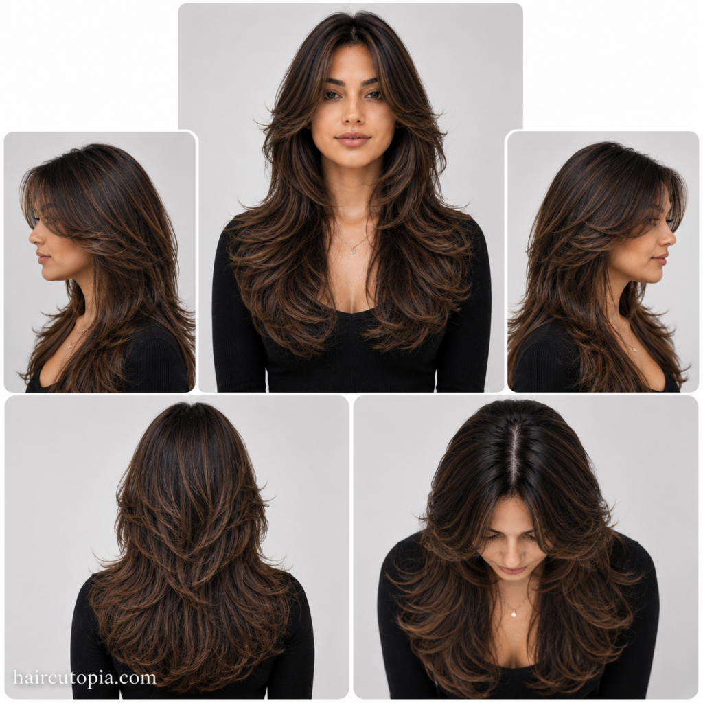 Five-view collage of a butterfly cut haircut for diamond-shaped faces showing front, left side, right side, back, and top views with soft face-framing layers.