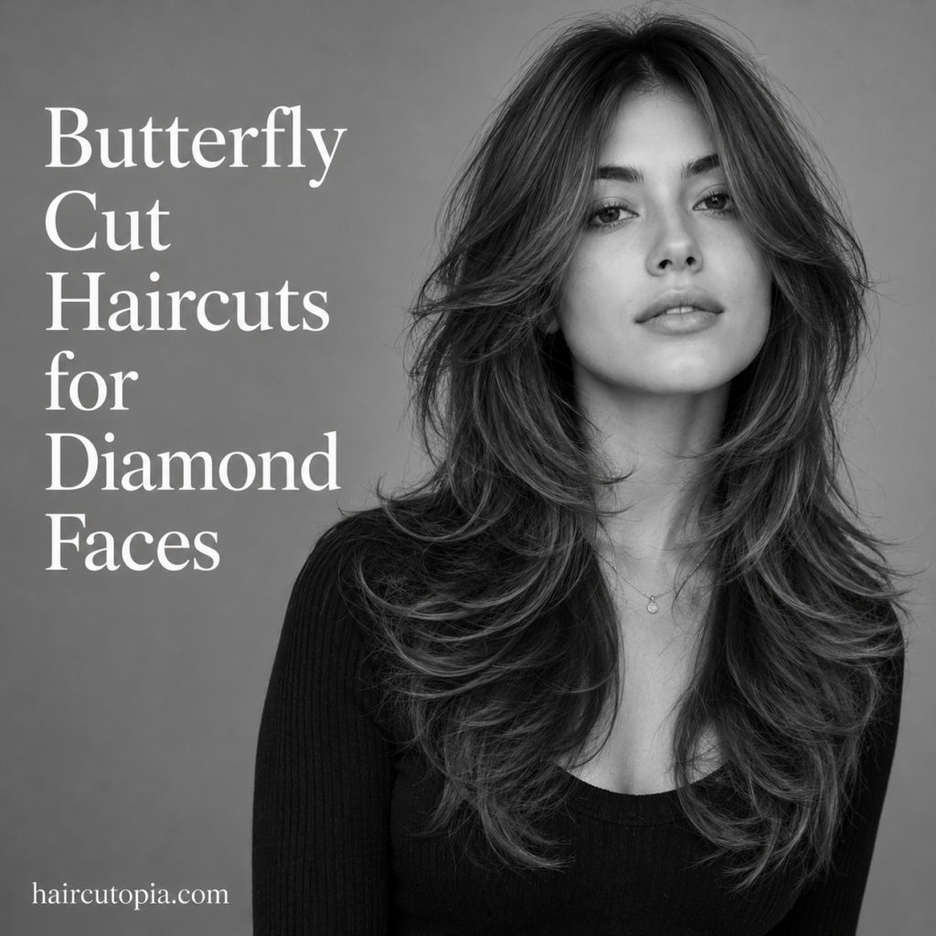 Woman with a butterfly cut hairstyle for diamond-shaped faces featuring soft face-framing layers, feathered ends, and long voluminous hair.