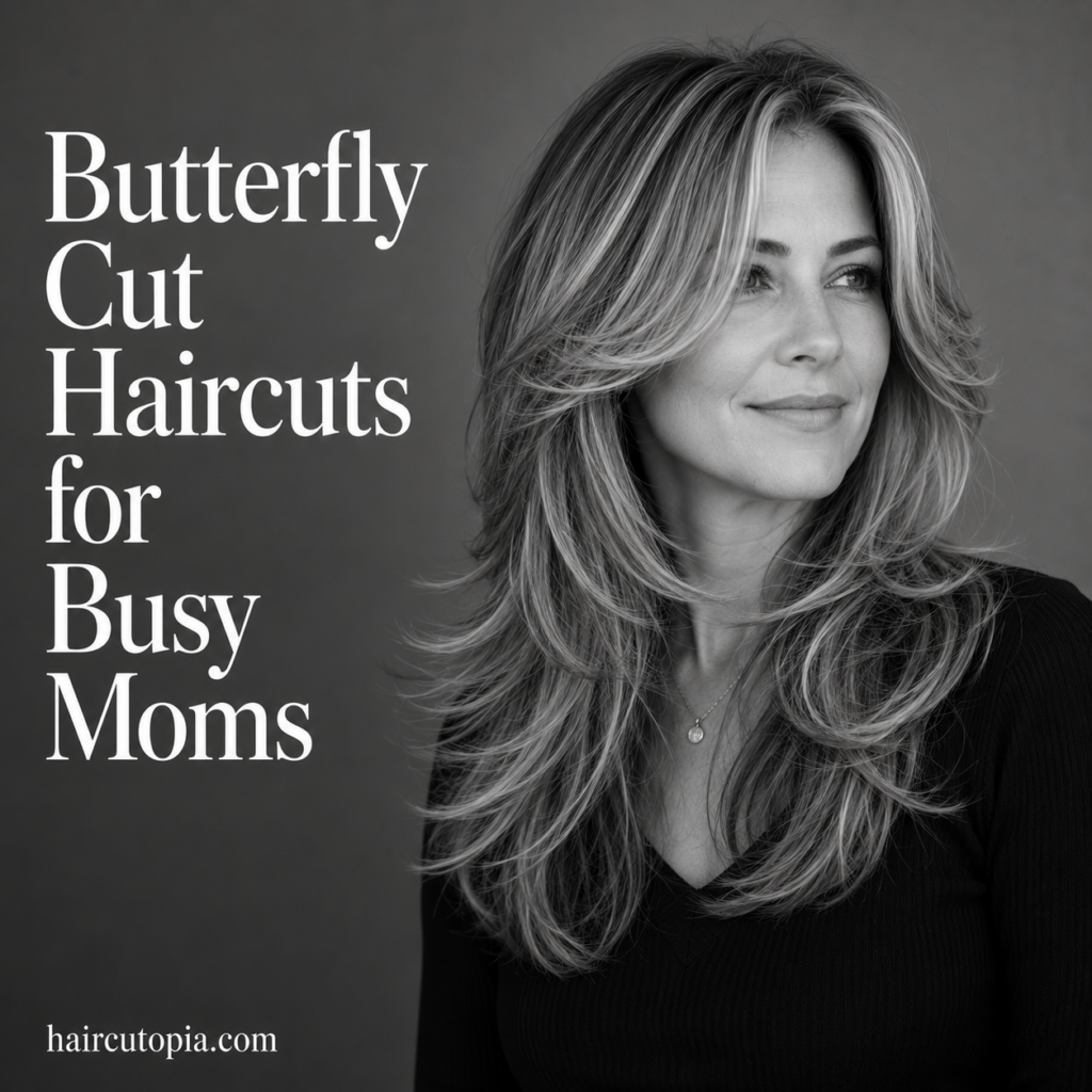 Busy mom with a butterfly haircut featuring soft face-framing layers and voluminous feathered hair.