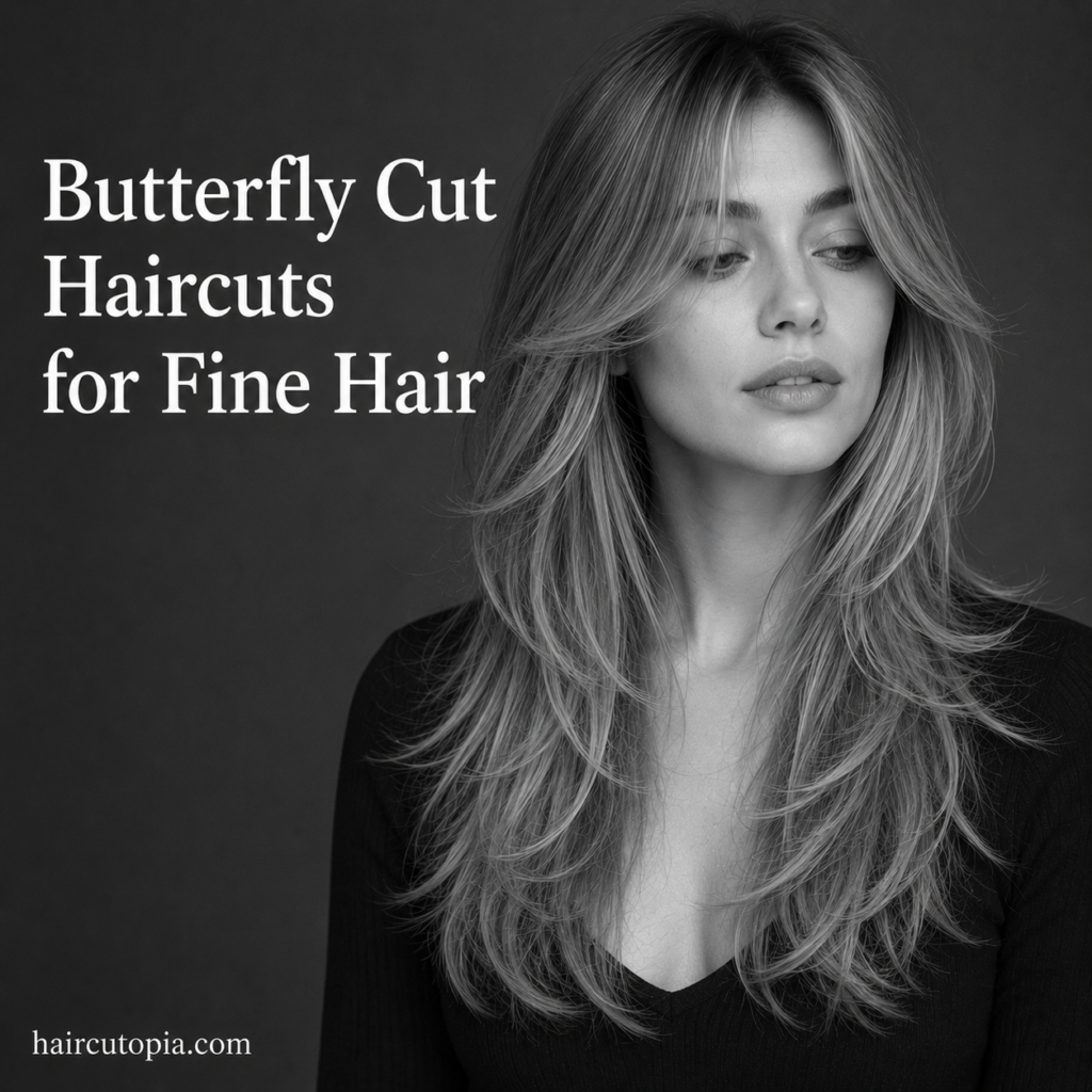 Woman with a butterfly cut hairstyle for fine hair featuring soft layered volume and face-framing layers.