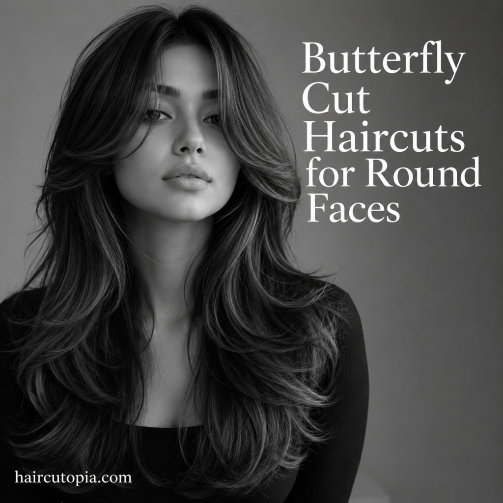 Woman with a layered butterfly cut hairstyle for round faces featuring soft face-framing layers and voluminous long hair.