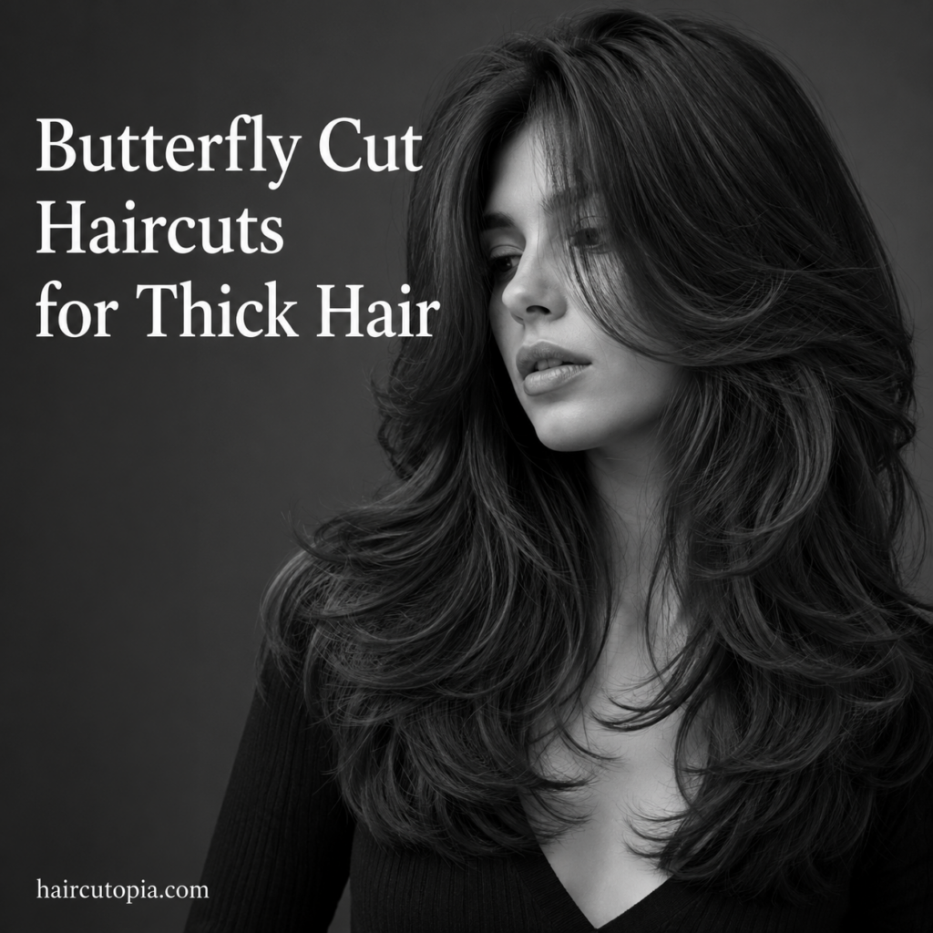Woman with a layered butterfly cut hairstyle for thick hair featuring soft face-framing layers.