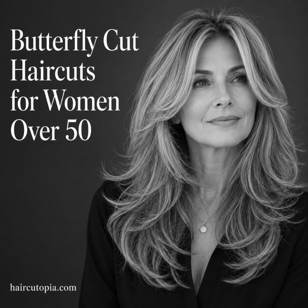 Woman over 50 with a butterfly haircut featuring feathered face-framing layers and voluminous long hair.