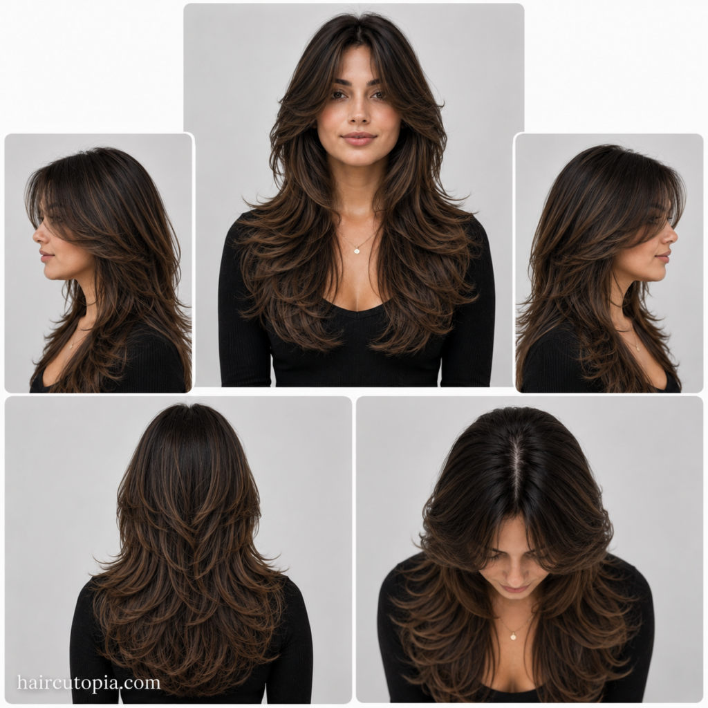 Five-view collage of a butterfly cut haircut for heart-shaped faces showing front, left side, right side, back, and top views with soft face-framing layers.