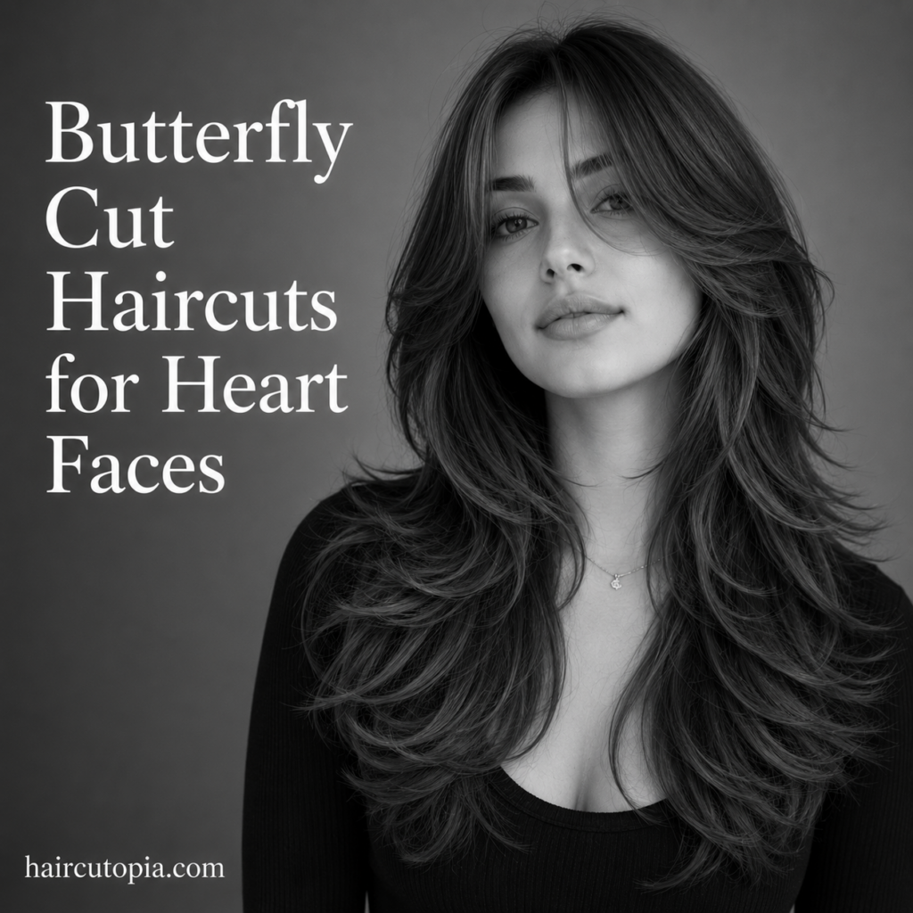 Woman with a butterfly cut hairstyle for heart-shaped faces featuring soft face-framing layers, feathered ends, and long voluminous hair.