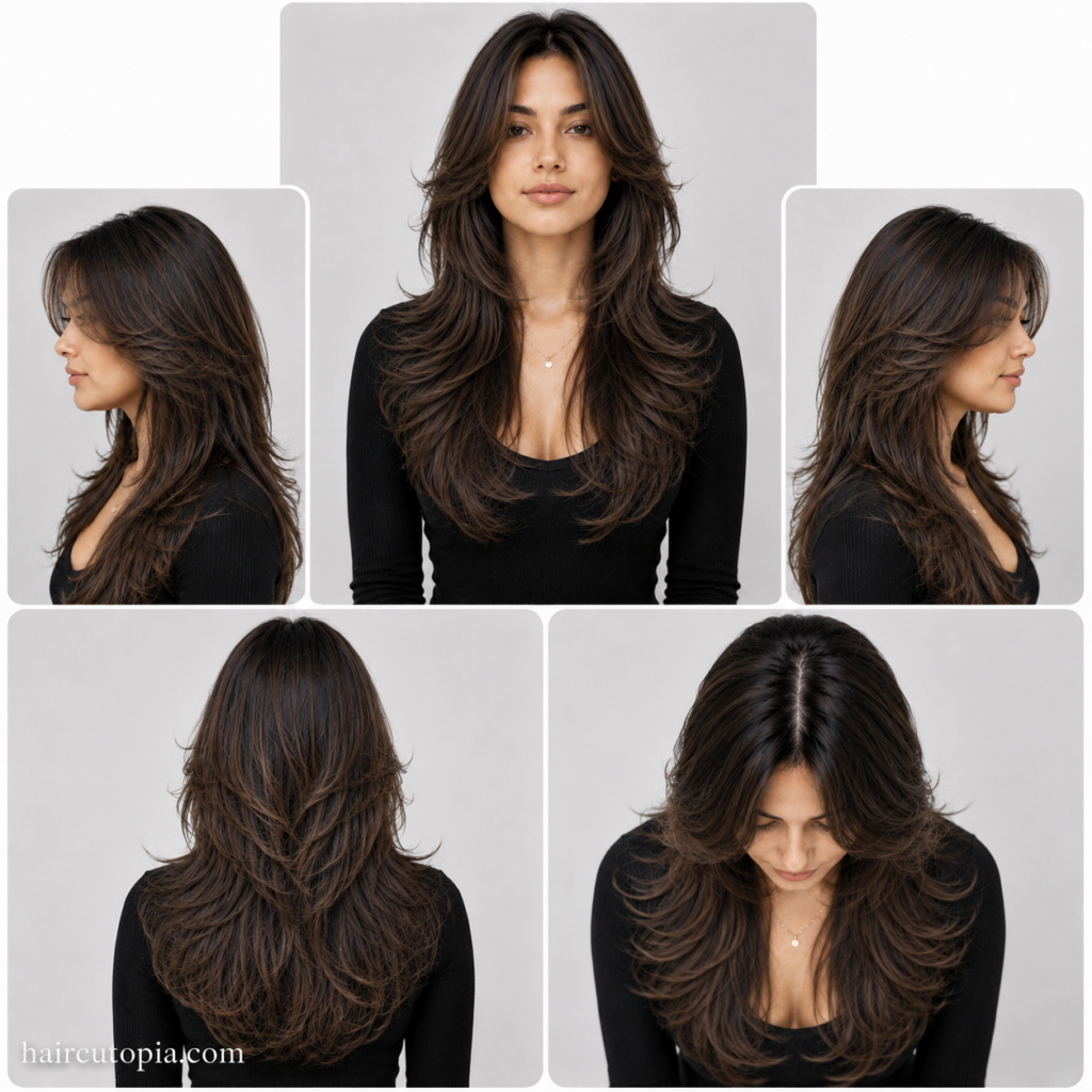 Five-view collage of a butterfly cut haircut for long faces showing front, left side, right side, back, and top views with soft face-framing layers.