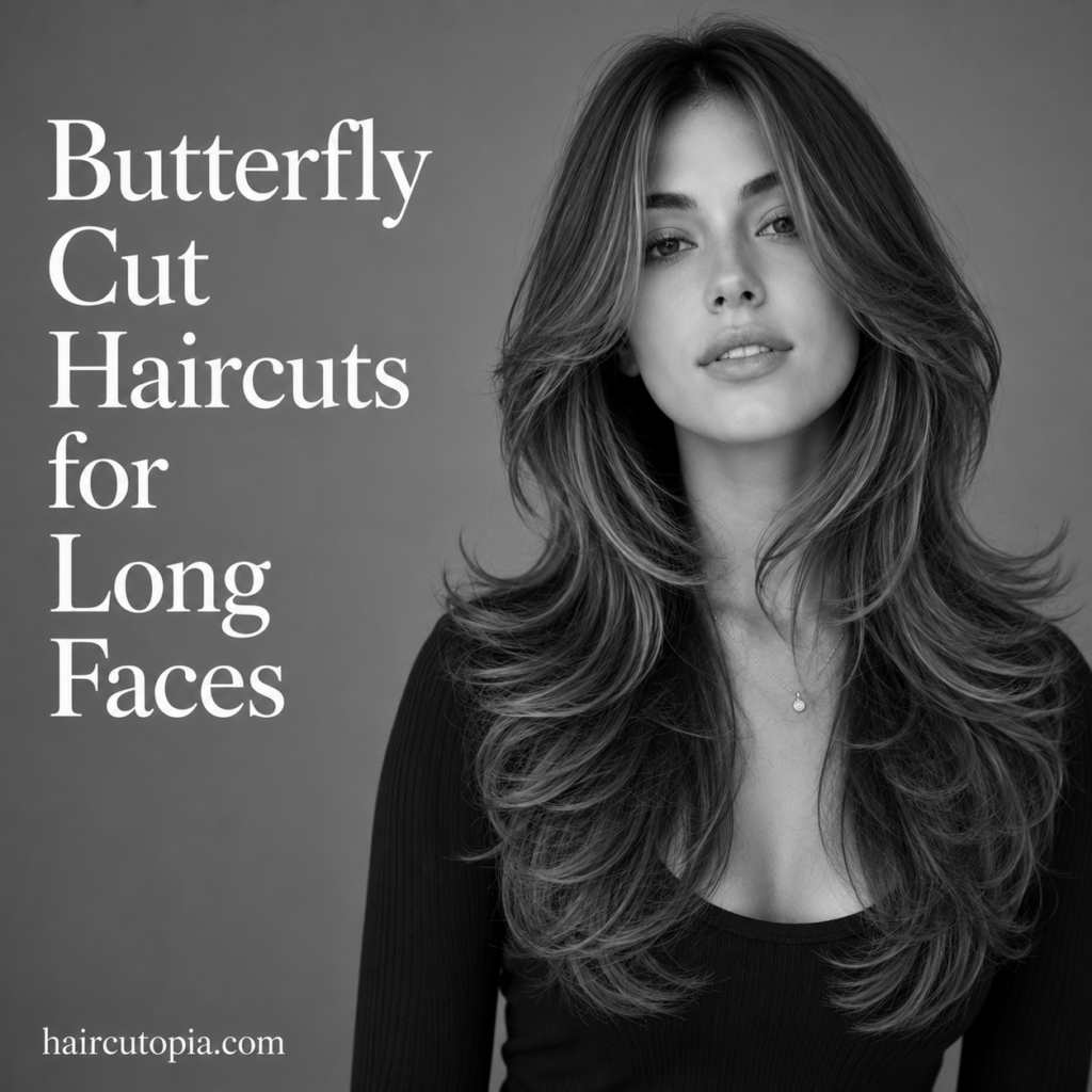 Woman with a butterfly cut hairstyle for long faces featuring soft face-framing layers, feathered ends, and voluminous long hair.