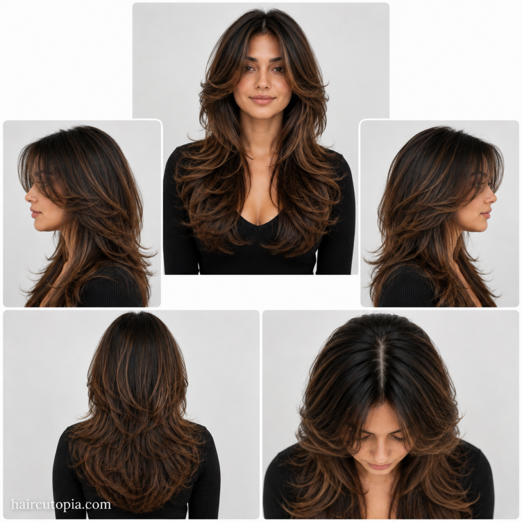 Five-view collage of a butterfly cut haircut for oval faces showing front, left side, right side, back, and top views with soft layered face-framing hair.
